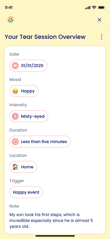 TearTally app screenshot showing a recorded tear session with mood, intensity, duration, location, and trigger details